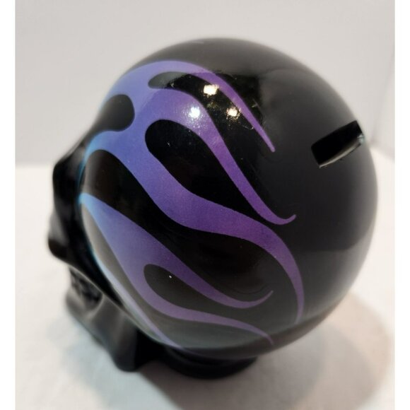 Flaming Skull Plastic Piggy Bank Blue Purple Black w/ Stopper Halloween Decor - Picture 6 of 15
